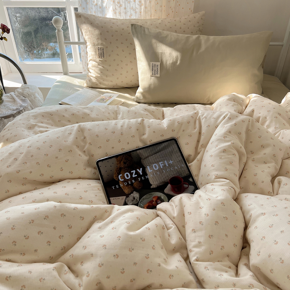 91家纺网 家纺一手货源 找家纺 六巷胡同 2026新款INS博主风混搭小碎花A类全棉双层纱四件套 双层纱-落日春颂