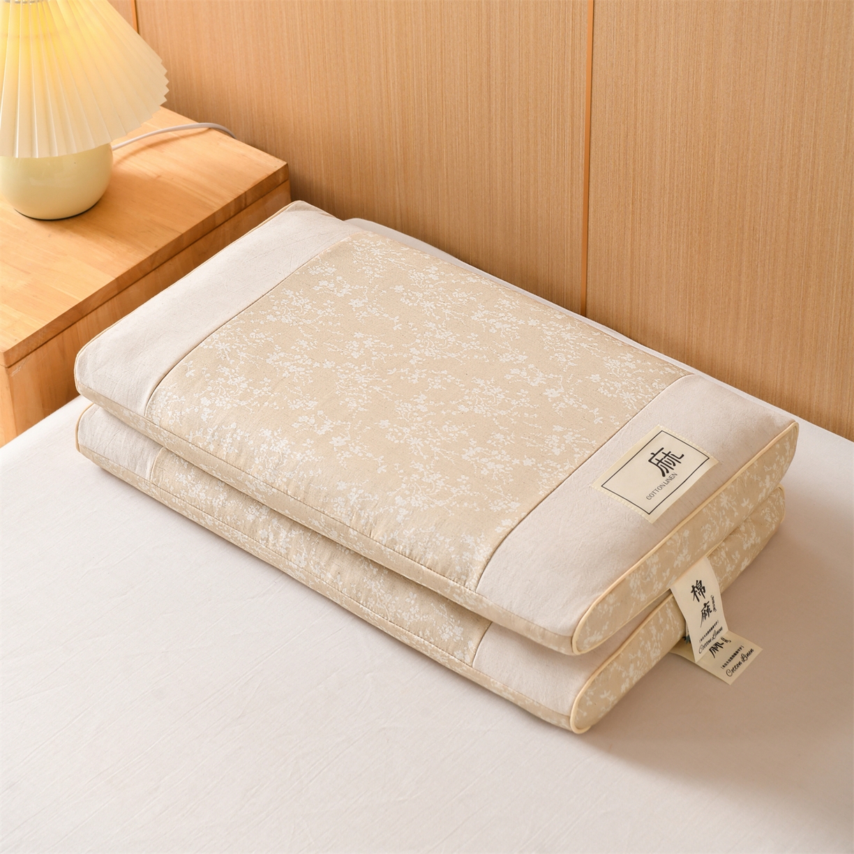 91家纺网 家纺一手货源 找家纺 仁宇枕业 2026新款棉麻古朴宫廷系列荞麦枕枕头枕芯 棉麻款宫廷系列荞麦枕-春意米黄