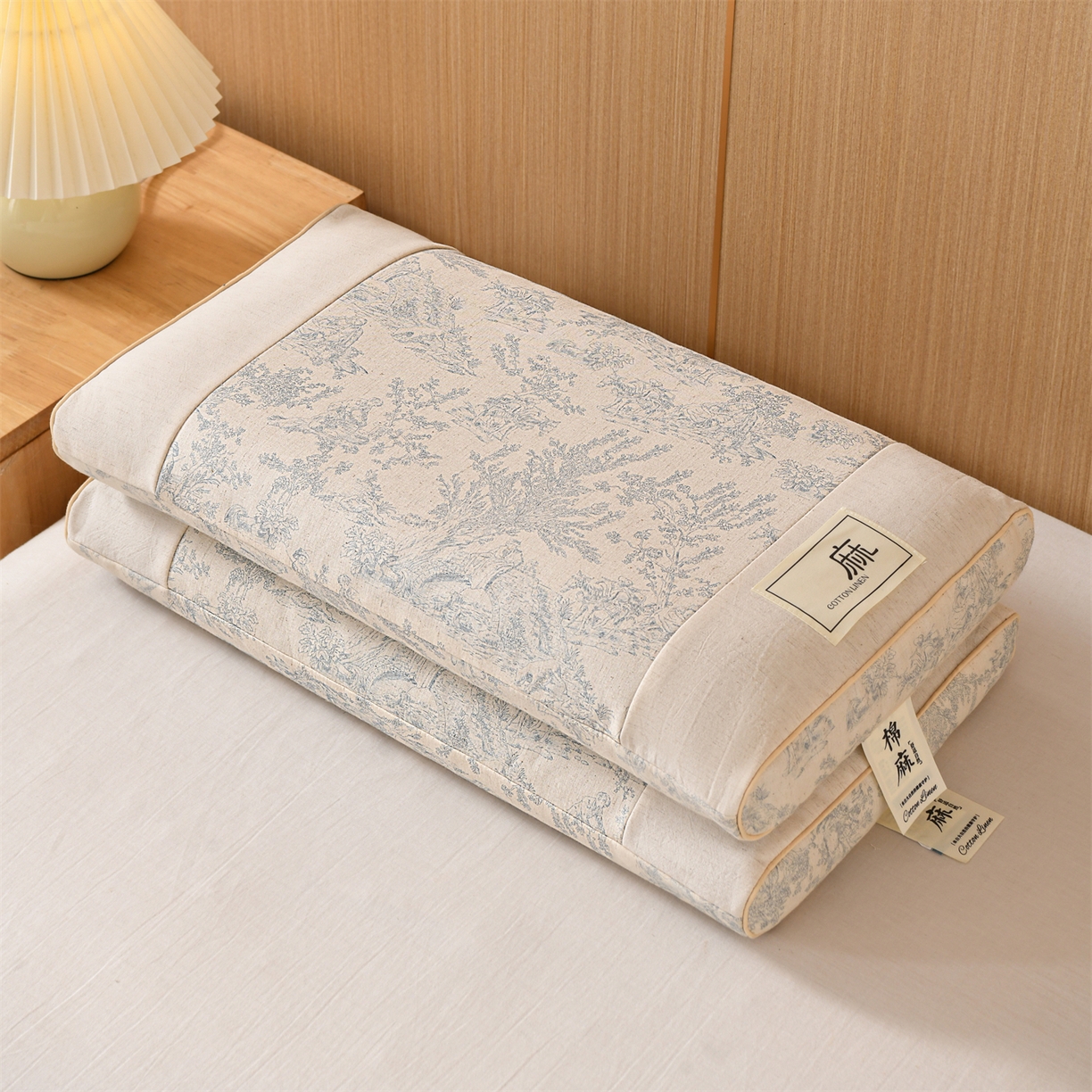 91家纺网 家纺一手货源 找家纺 仁宇枕业 2026新款棉麻古朴宫廷系列荞麦枕枕头枕芯 棉麻款宫廷系列荞麦枕-青花瓷蓝