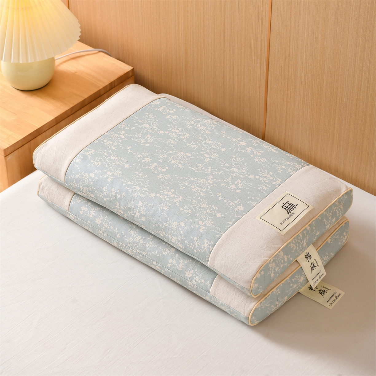 91家纺网 家纺一手货源 找家纺 仁宇枕业 2026新款棉麻古朴宫廷系列荞麦枕枕头枕芯 棉麻款宫廷系列荞麦枕-春意蓝色