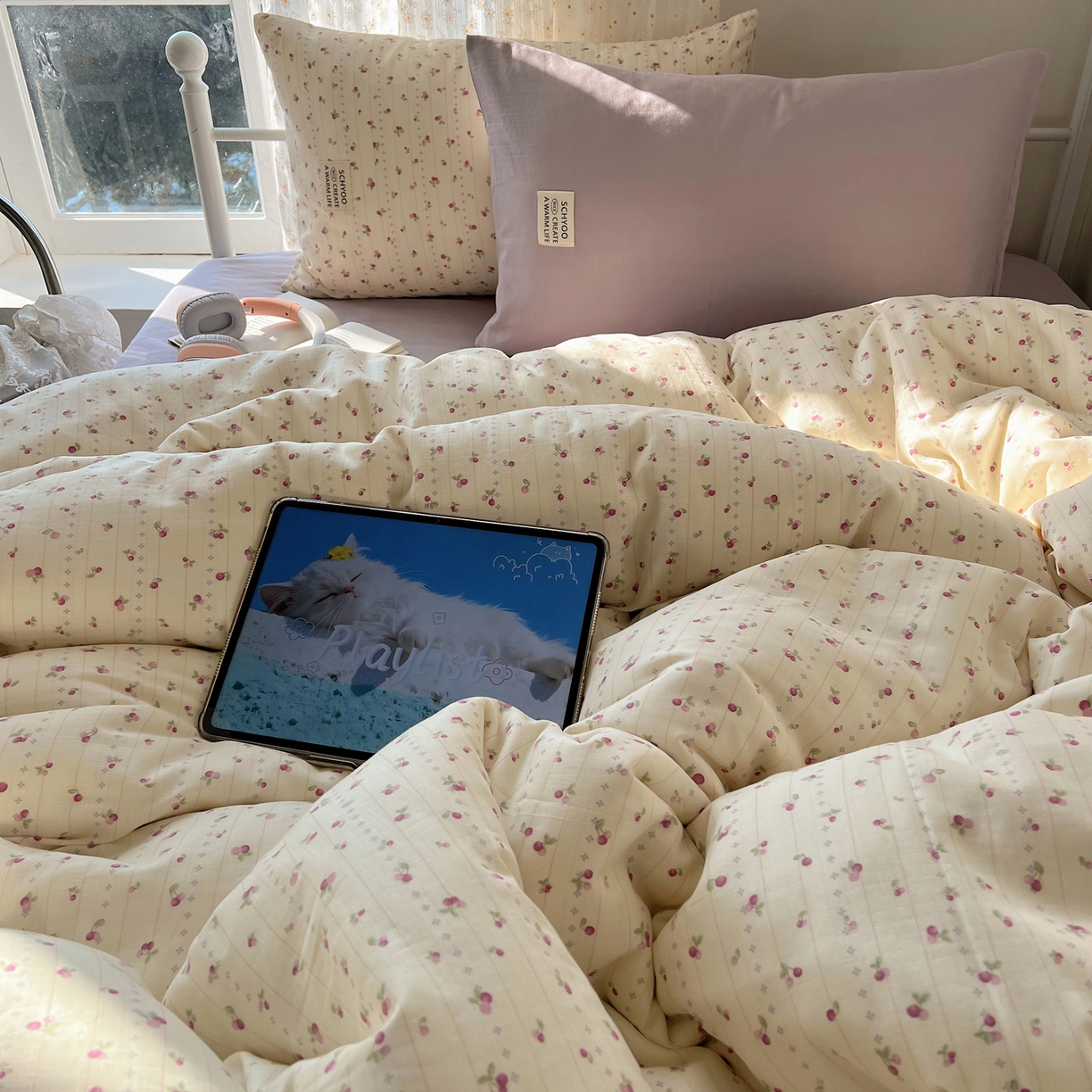 91家纺网 家纺一手货源 找家纺 六巷胡同 2026新款INS博主风混搭小碎花A类全棉双层纱四件套 双层纱-花漾雪姬