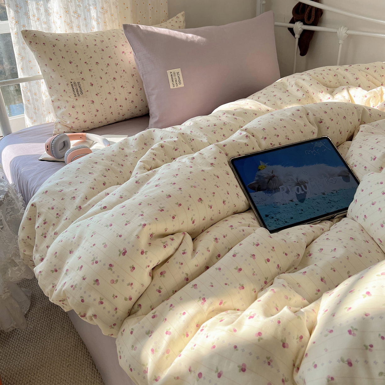 91家纺网 家纺一手货源 找家纺 六巷胡同 2026新款INS博主风混搭小碎花A类全棉双层纱四件套 双层纱-花漾雪姬