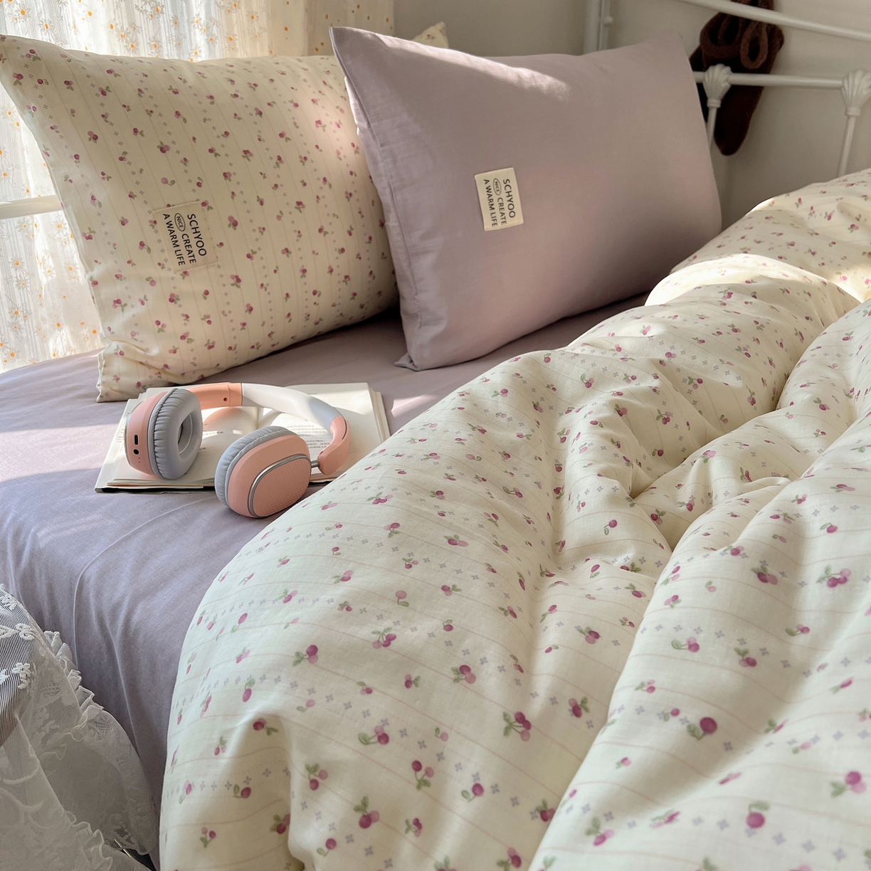 91家纺网 家纺一手货源 找家纺 六巷胡同 2026新款INS博主风混搭小碎花A类全棉双层纱四件套 双层纱-花漾雪姬