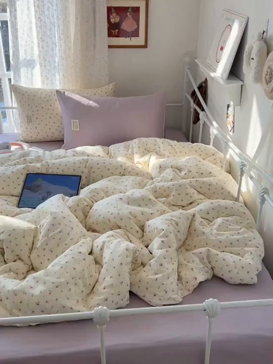 91家纺网 家纺一手货源 找家纺 六巷胡同 2026新款INS博主风混搭小碎花A类全棉双层纱四件套 双层纱-花漾雪姬