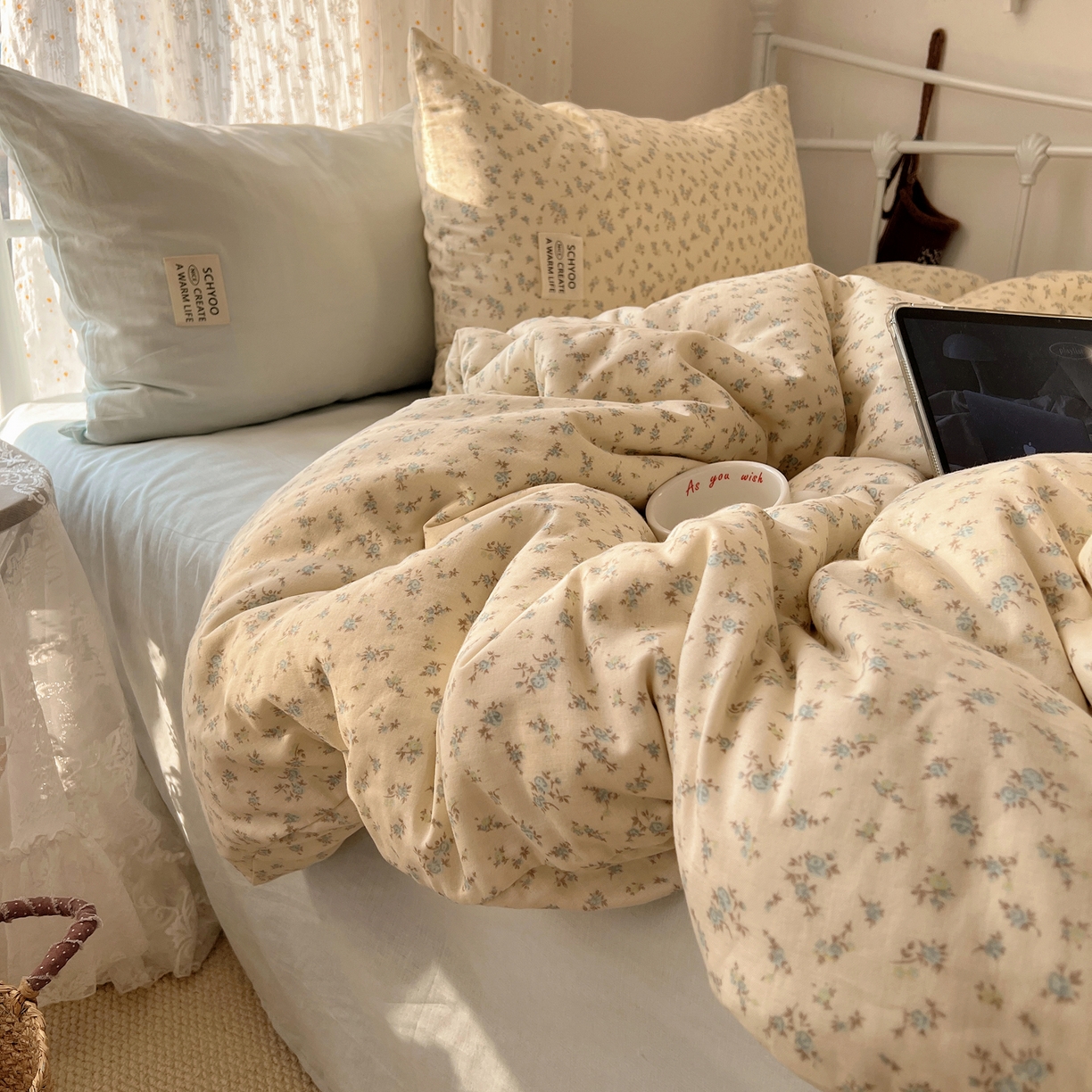 六巷胡同 2026新款INS博主风混搭小碎花A类全棉双层纱四件套 双层纱-山野物语