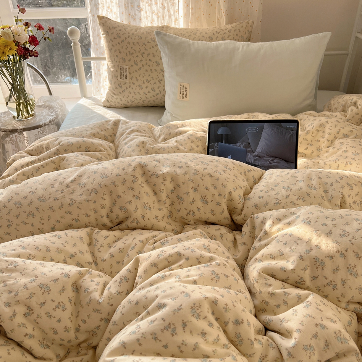 91家纺网 家纺一手货源 找家纺 六巷胡同 2026新款INS博主风混搭小碎花A类全棉双层纱四件套 双层纱-山野物语