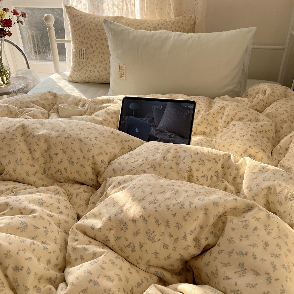 91家纺网 家纺一手货源 找家纺 六巷胡同 2026新款INS博主风混搭小碎花A类全棉双层纱四件套 双层纱-山野物语