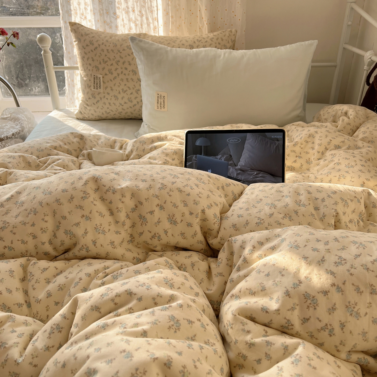 91家纺网 家纺一手货源 找家纺 六巷胡同 2026新款INS博主风混搭小碎花A类全棉双层纱四件套 双层纱-山野物语