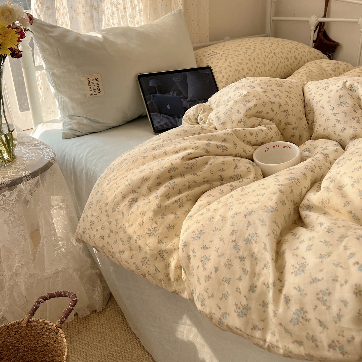 91家纺网 家纺一手货源 找家纺 六巷胡同 2026新款INS博主风混搭小碎花A类全棉双层纱四件套 双层纱-山野物语