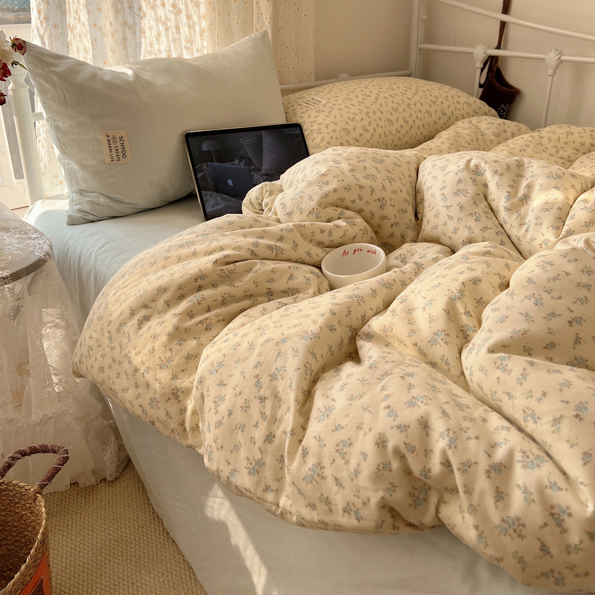 91家纺网 家纺一手货源 找家纺 六巷胡同 2026新款INS博主风混搭小碎花A类全棉双层纱四件套 双层纱-山野物语