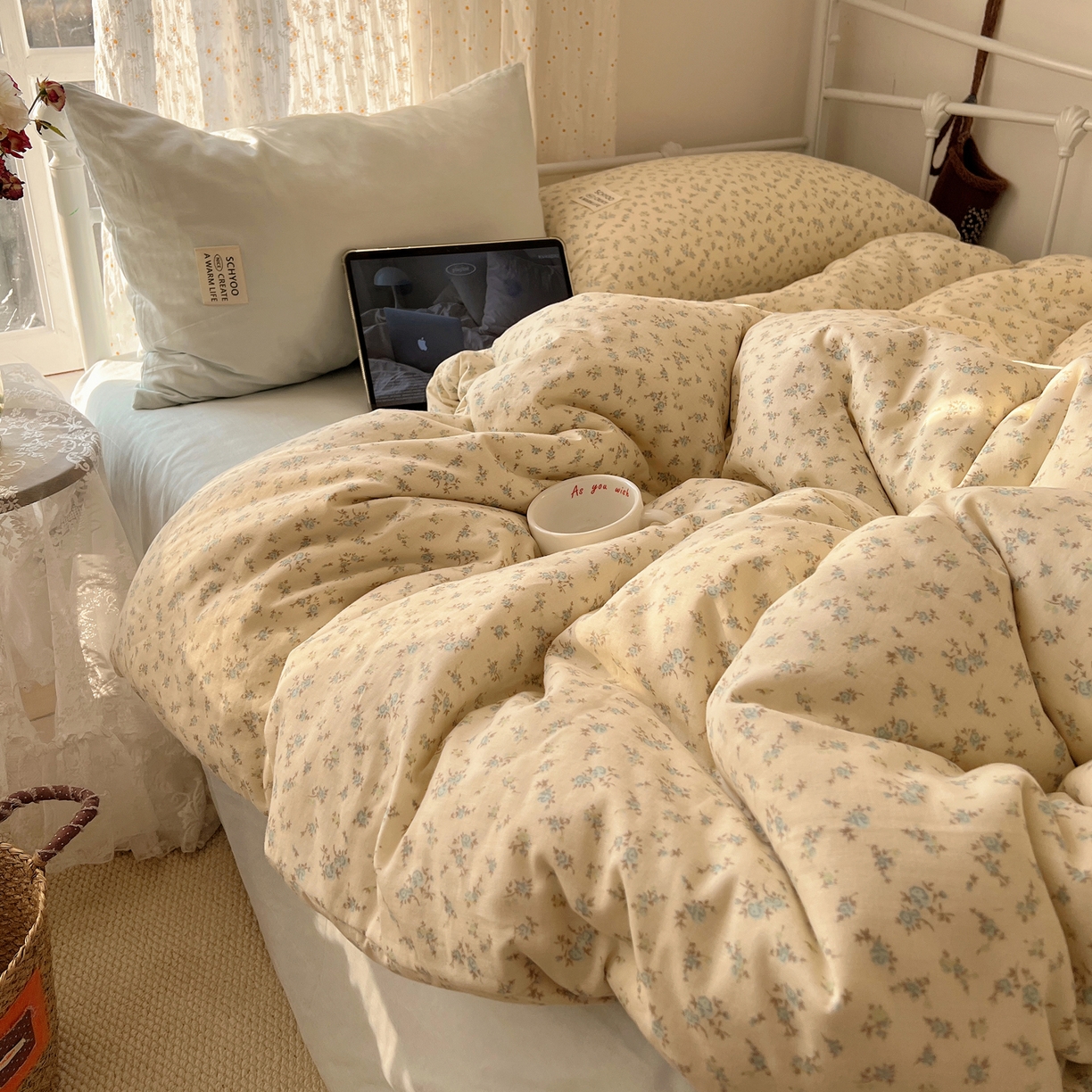 91家纺网 家纺一手货源 找家纺 六巷胡同 2026新款INS博主风混搭小碎花A类全棉双层纱四件套 双层纱-山野物语