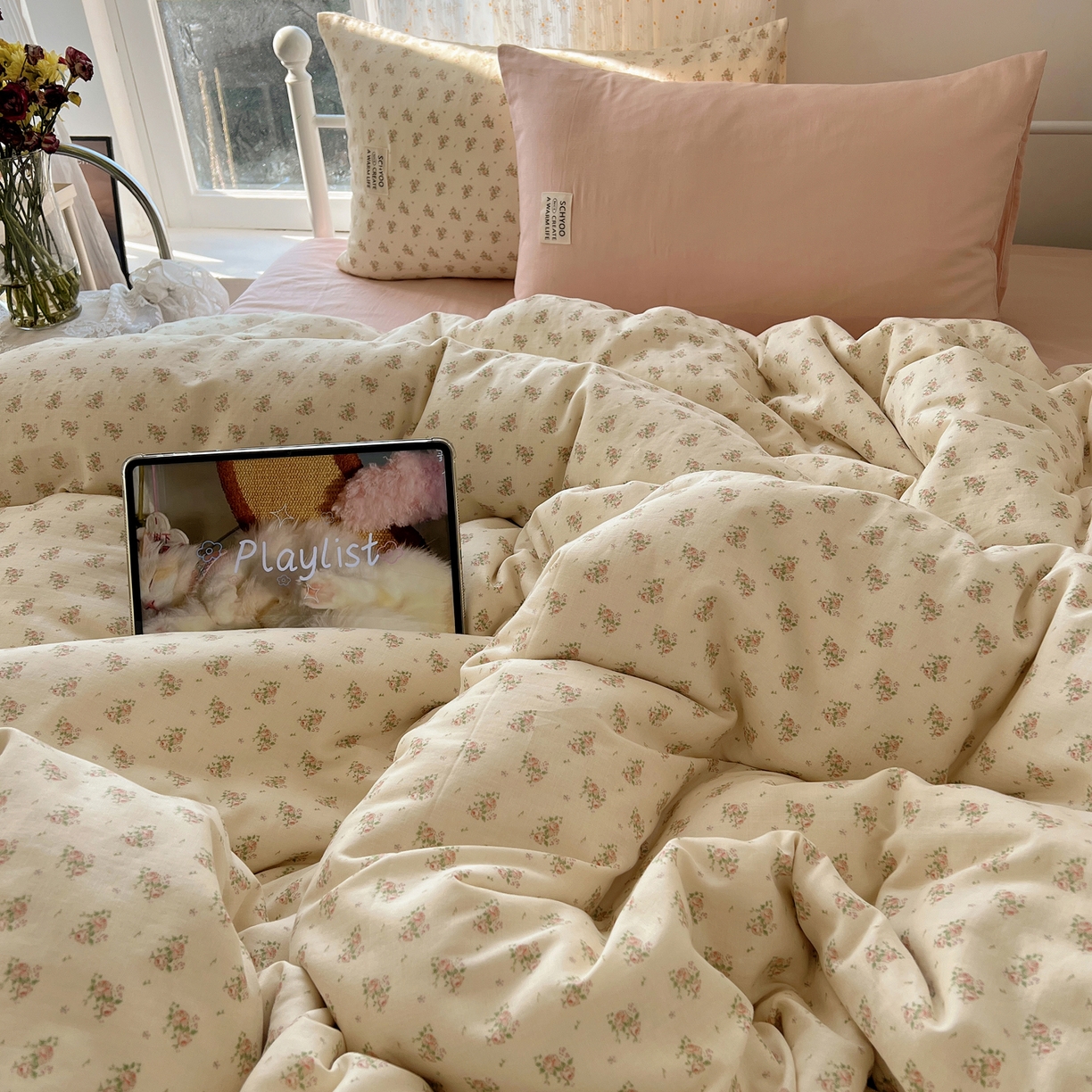 91家纺网 家纺一手货源 找家纺 六巷胡同 2026新款INS博主风混搭小碎花A类全棉双层纱四件套 双层纱-月里樱奈