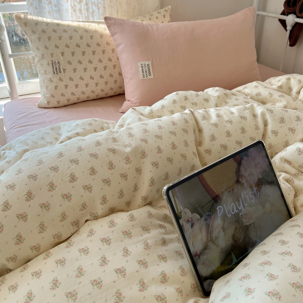 91家纺网 家纺一手货源 找家纺 六巷胡同 2026新款INS博主风混搭小碎花A类全棉双层纱四件套 双层纱-月里樱奈