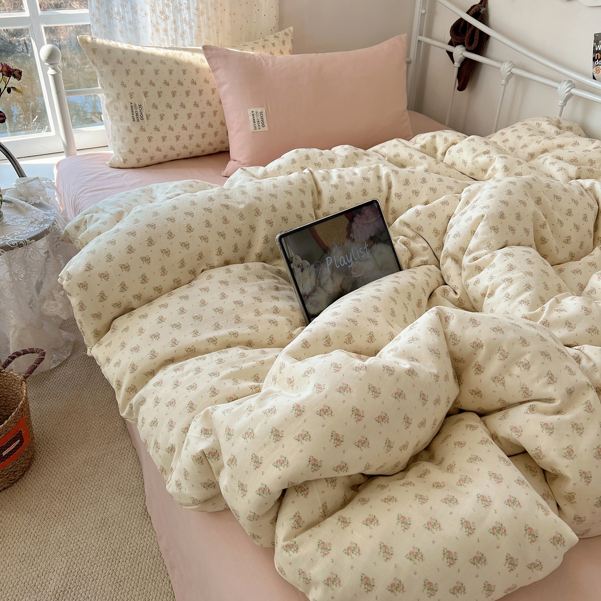 91家纺网 家纺一手货源 找家纺 六巷胡同 2026新款INS博主风混搭小碎花A类全棉双层纱四件套 双层纱-月里樱奈