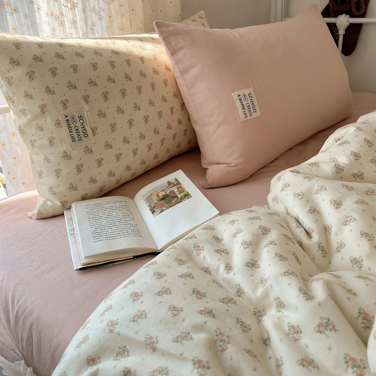 91家纺网 家纺一手货源 找家纺 六巷胡同 2026新款INS博主风混搭小碎花A类全棉双层纱四件套 双层纱-月里樱奈