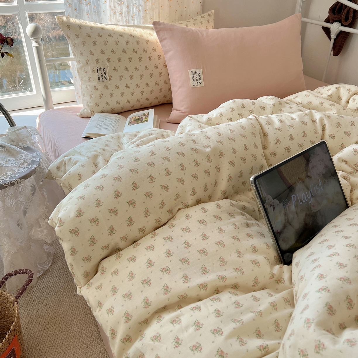 91家纺网 家纺一手货源 找家纺 六巷胡同 2026新款INS博主风混搭小碎花A类全棉双层纱四件套 双层纱-月里樱奈