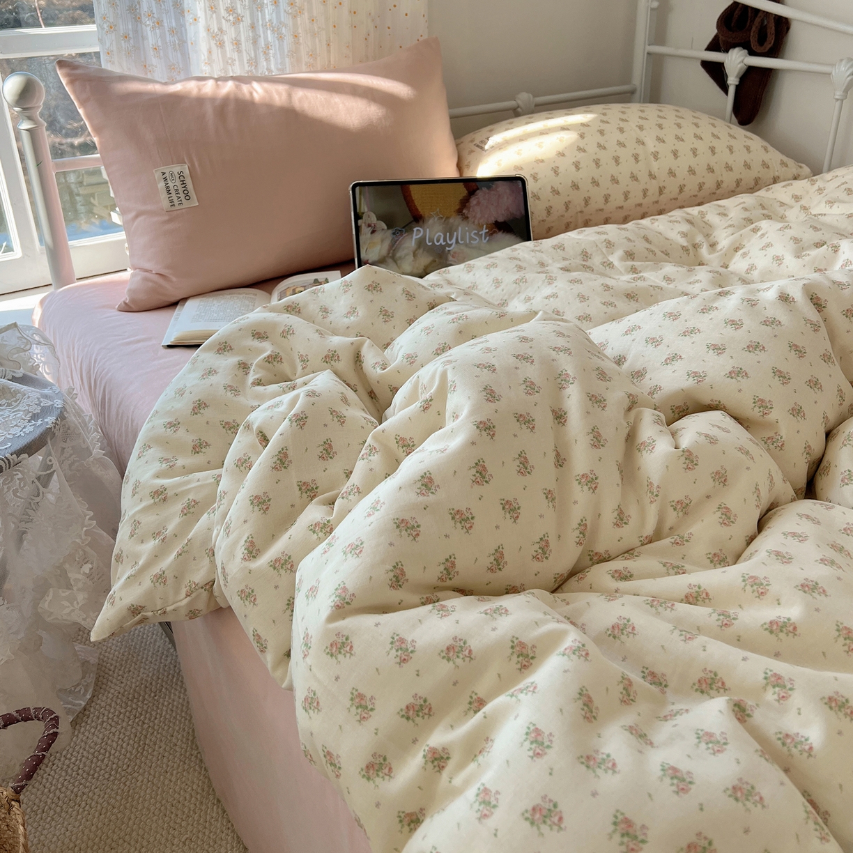 91家纺网 家纺一手货源 找家纺 六巷胡同 2026新款INS博主风混搭小碎花A类全棉双层纱四件套 双层纱-月里樱奈