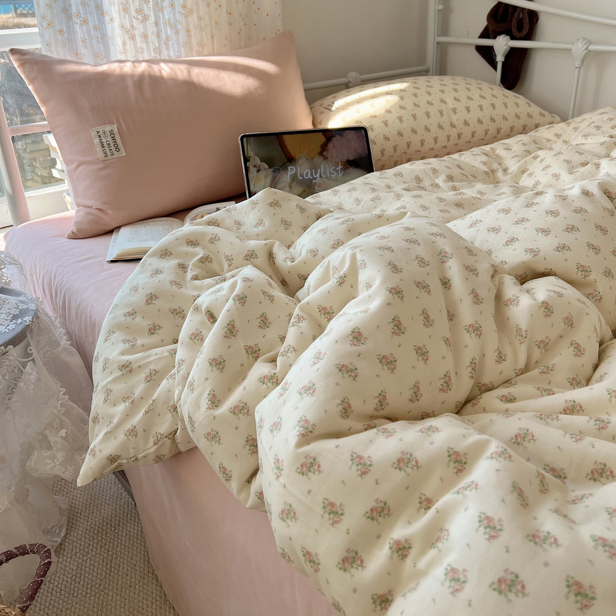 91家纺网 家纺一手货源 找家纺 六巷胡同 2026新款INS博主风混搭小碎花A类全棉双层纱四件套 双层纱-月里樱奈