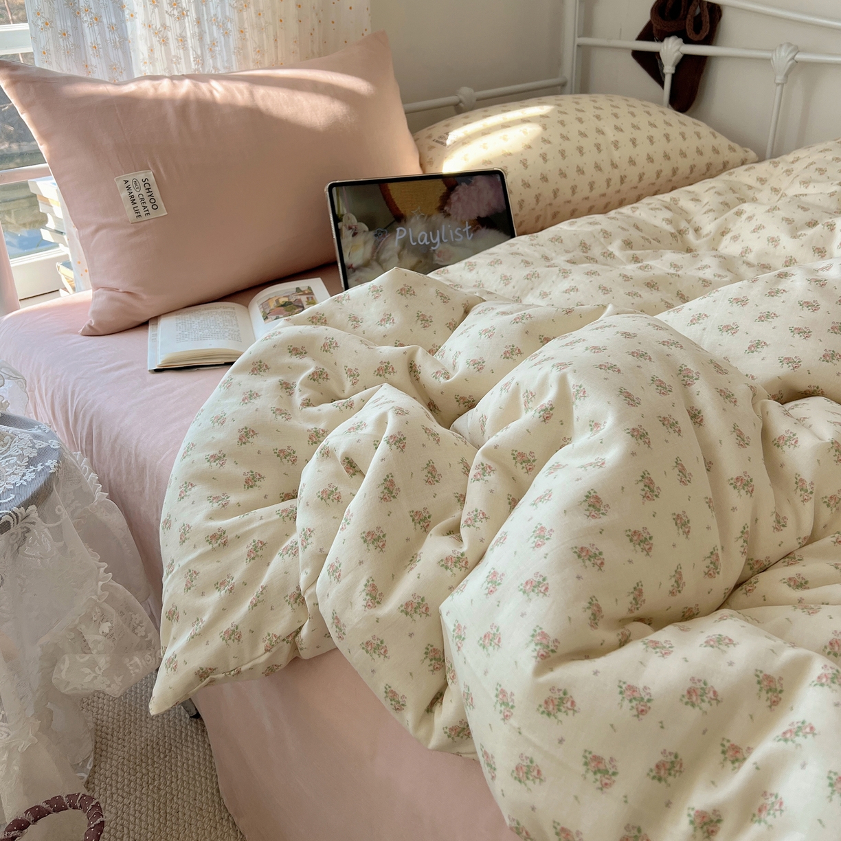 91家纺网 家纺一手货源 找家纺 六巷胡同 2026新款INS博主风混搭小碎花A类全棉双层纱四件套 双层纱-月里樱奈