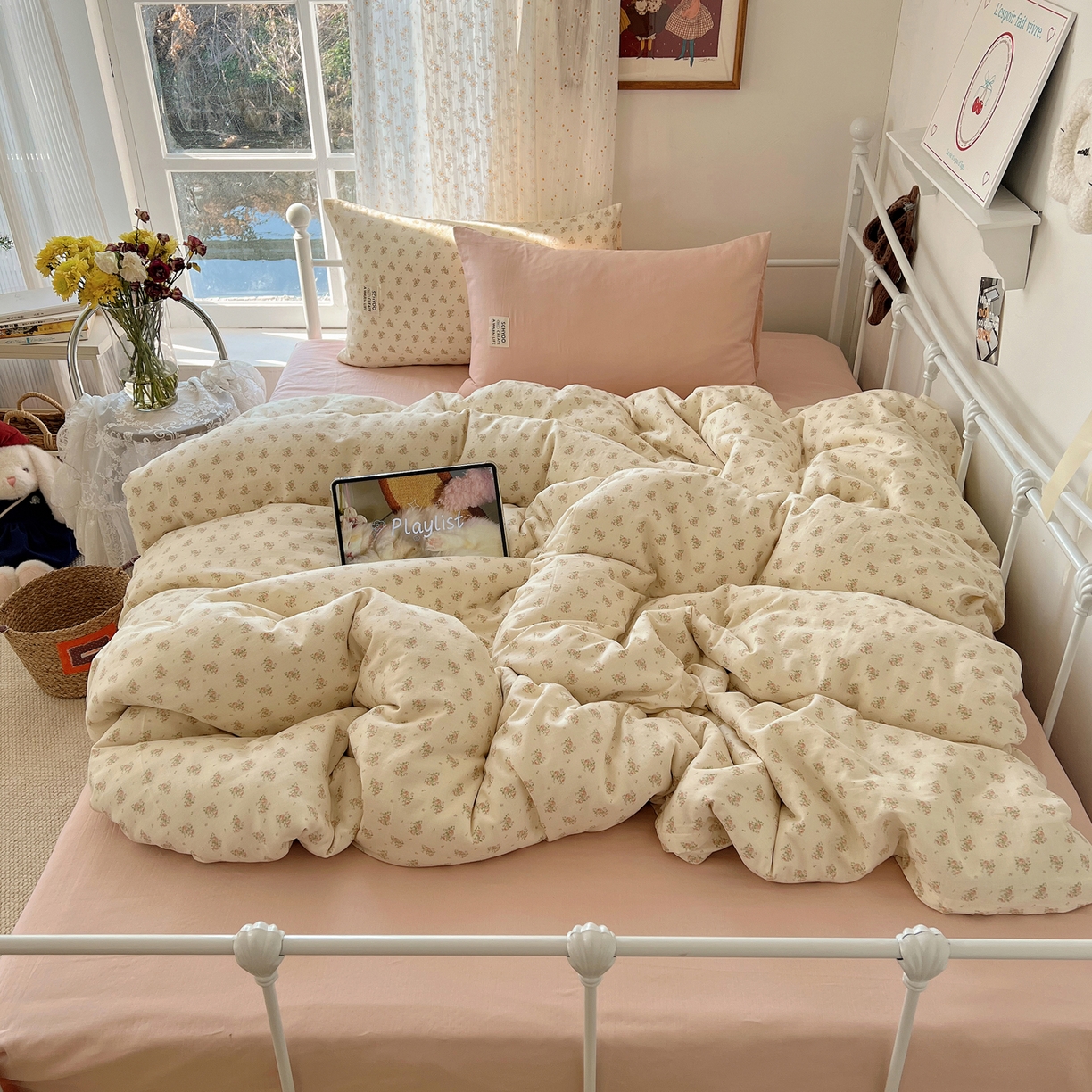 91家纺网 家纺一手货源 找家纺 六巷胡同 2026新款INS博主风混搭小碎花A类全棉双层纱四件套 双层纱-月里樱奈