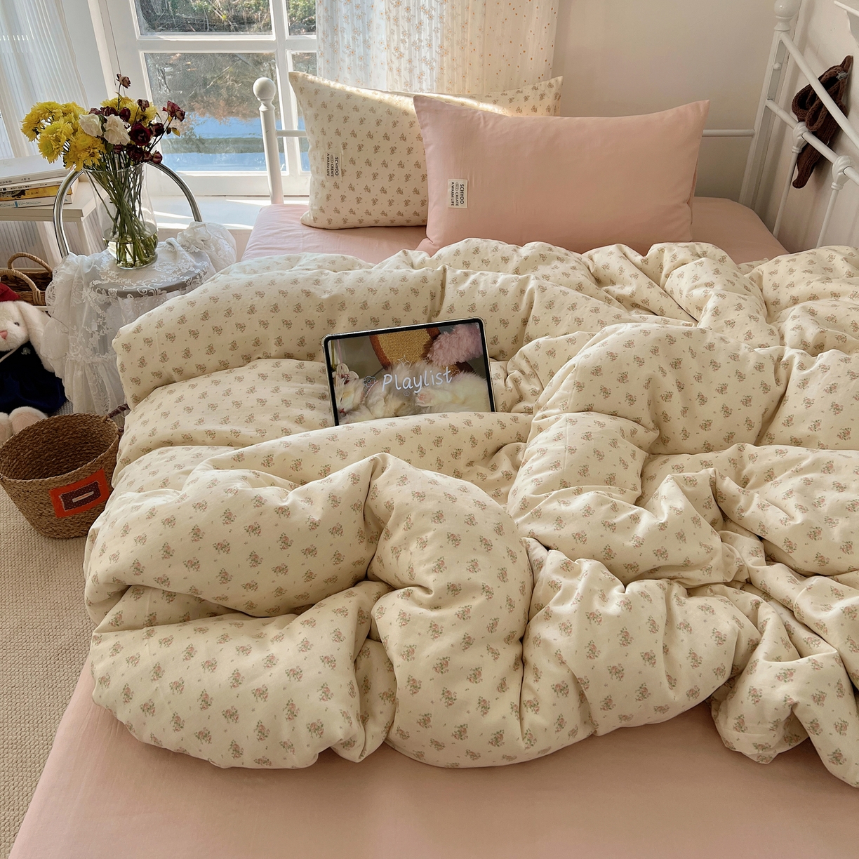 91家纺网 家纺一手货源 找家纺 六巷胡同 2026新款INS博主风混搭小碎花A类全棉双层纱四件套 双层纱-月里樱奈