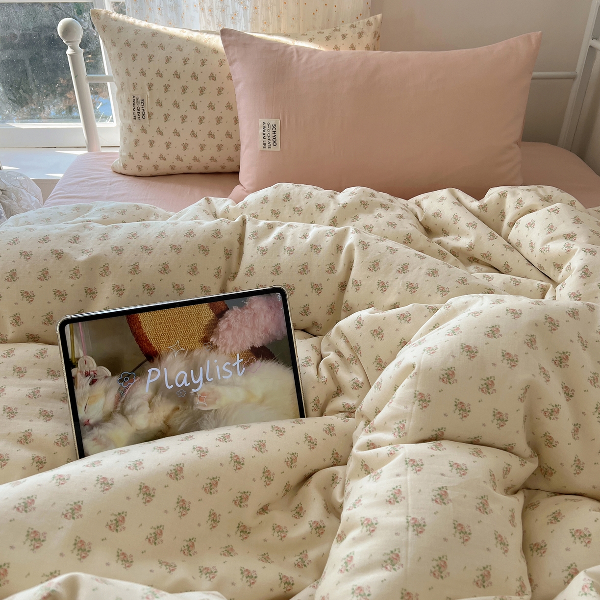 91家纺网 家纺一手货源 找家纺 六巷胡同 2026新款INS博主风混搭小碎花A类全棉双层纱四件套 双层纱-月里樱奈