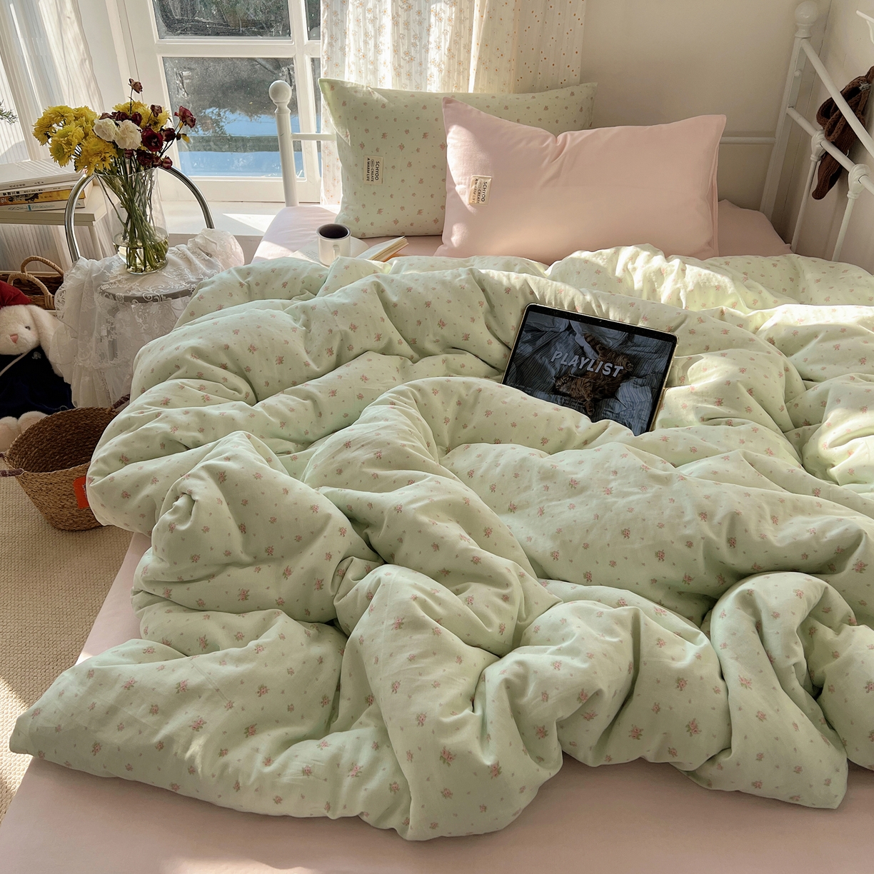 91家纺网 家纺一手货源 找家纺 六巷胡同 2026新款INS博主风混搭小碎花A类全棉双层纱四件套 双层纱-栀夏来信