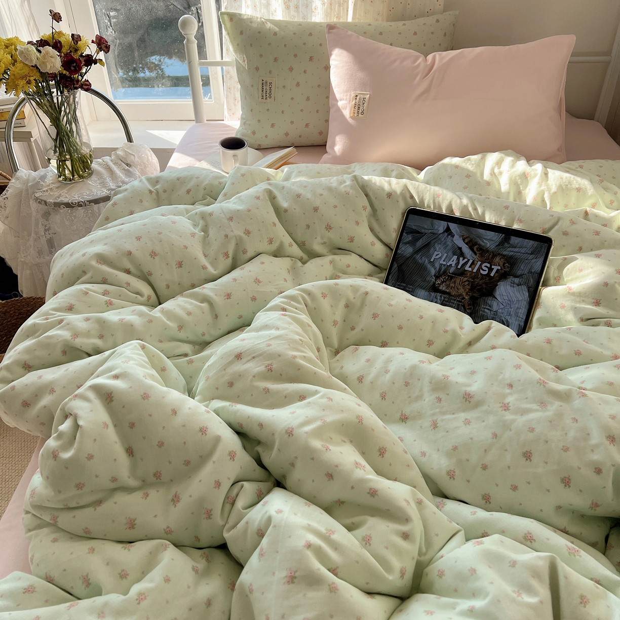 91家纺网 家纺一手货源 找家纺 六巷胡同 2026新款INS博主风混搭小碎花A类全棉双层纱四件套 双层纱-栀夏来信