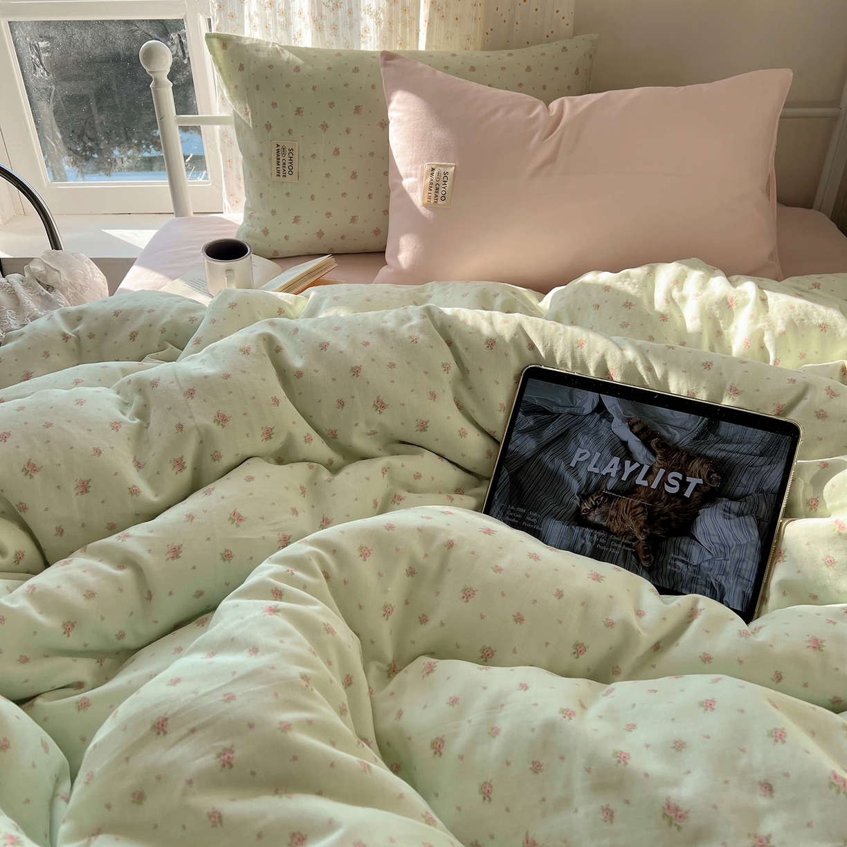 91家纺网 家纺一手货源 找家纺 六巷胡同 2026新款INS博主风混搭小碎花A类全棉双层纱四件套 双层纱-栀夏来信