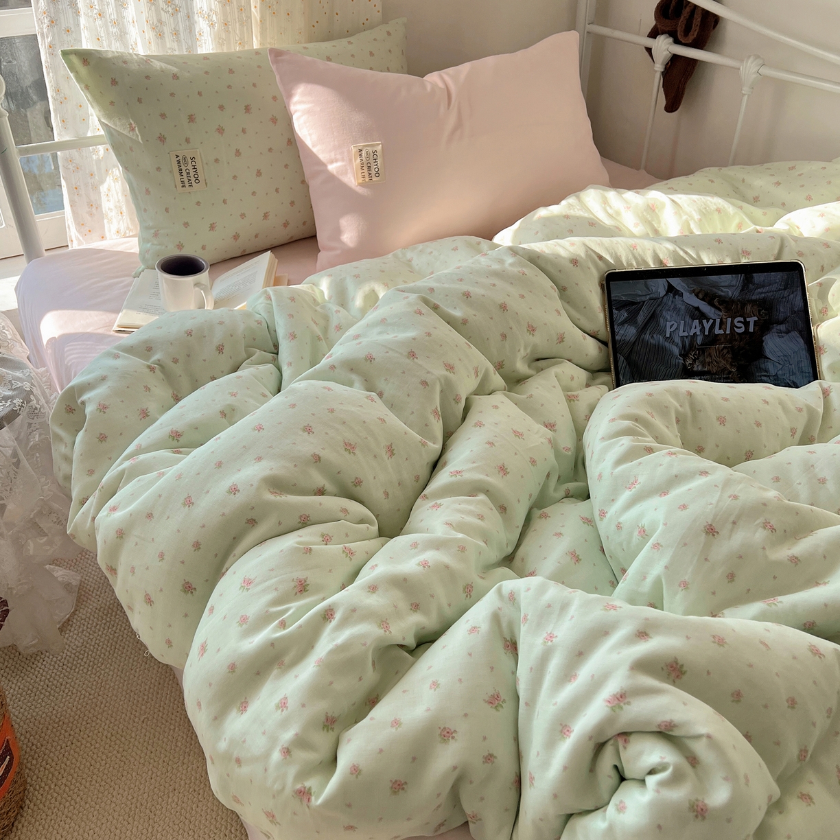 91家纺网 家纺一手货源 找家纺 六巷胡同 2026新款INS博主风混搭小碎花A类全棉双层纱四件套 双层纱-栀夏来信