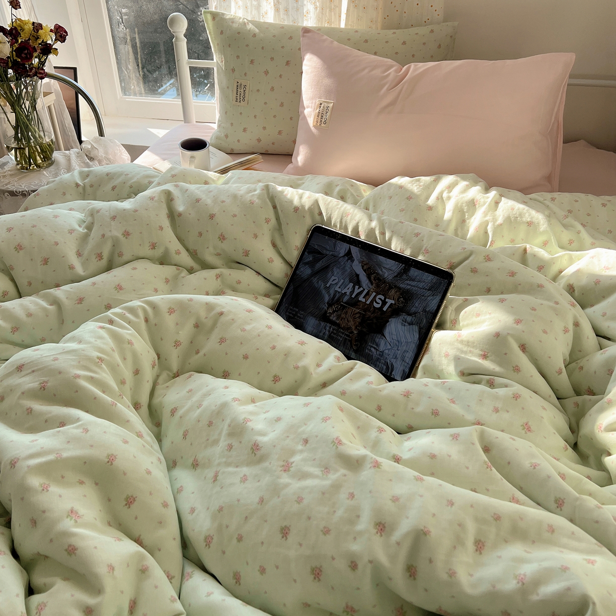 91家纺网 家纺一手货源 找家纺 六巷胡同 2026新款INS博主风混搭小碎花A类全棉双层纱四件套 双层纱-栀夏来信