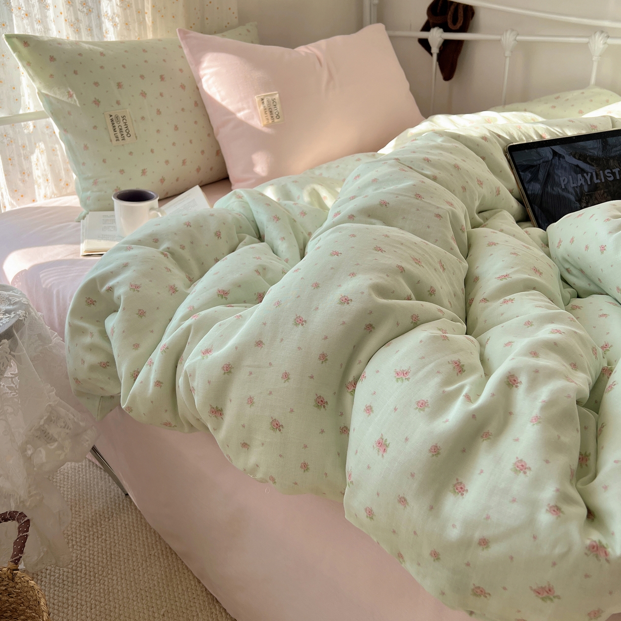 91家纺网 家纺一手货源 找家纺 六巷胡同 2026新款INS博主风混搭小碎花A类全棉双层纱四件套 双层纱-栀夏来信