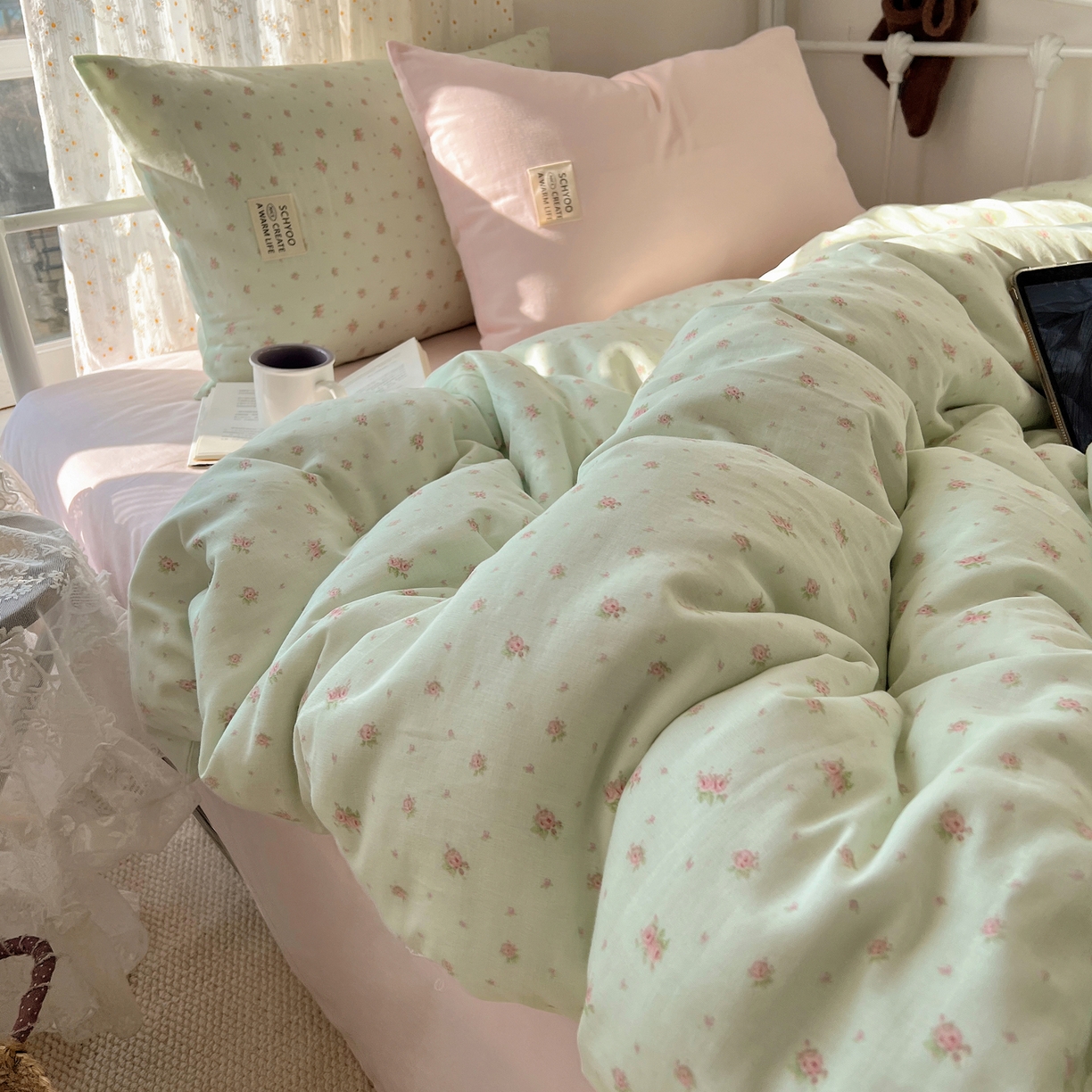 91家纺网 家纺一手货源 找家纺 六巷胡同 2026新款INS博主风混搭小碎花A类全棉双层纱四件套 双层纱-栀夏来信