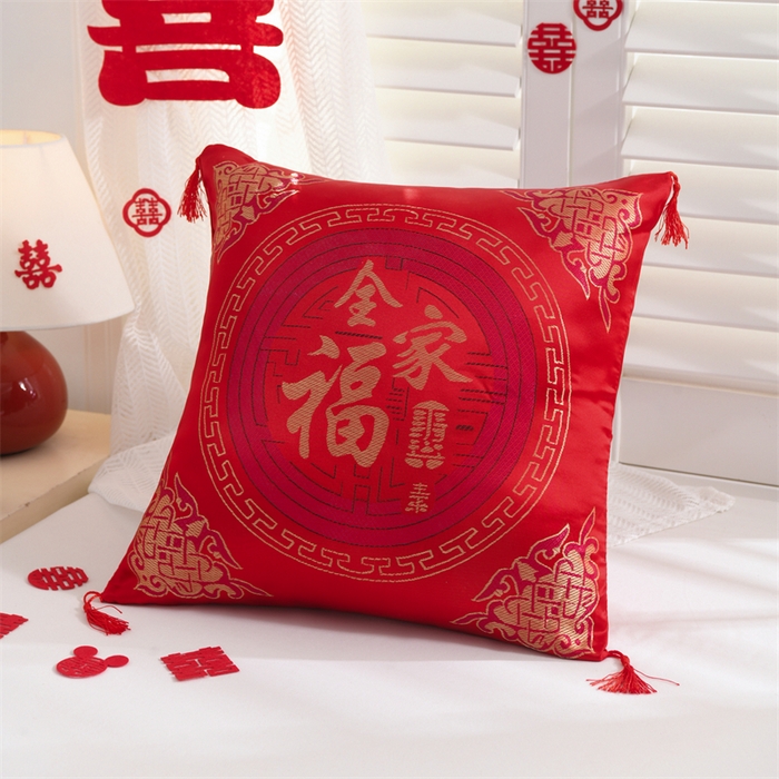 91家纺网 家纺一手货源 找家纺 仁宇枕业 2026新款过年新年大红结婚婚庆喜庆靠枕腰靠抱枕 贡缎婚庆抱枕-全家福