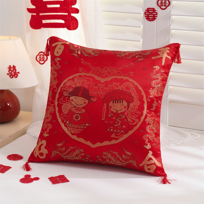 仁宇枕业 2026新款过年新年大红结婚婚庆喜庆靠枕腰靠抱枕 贡缎婚庆抱枕-郎才女貌