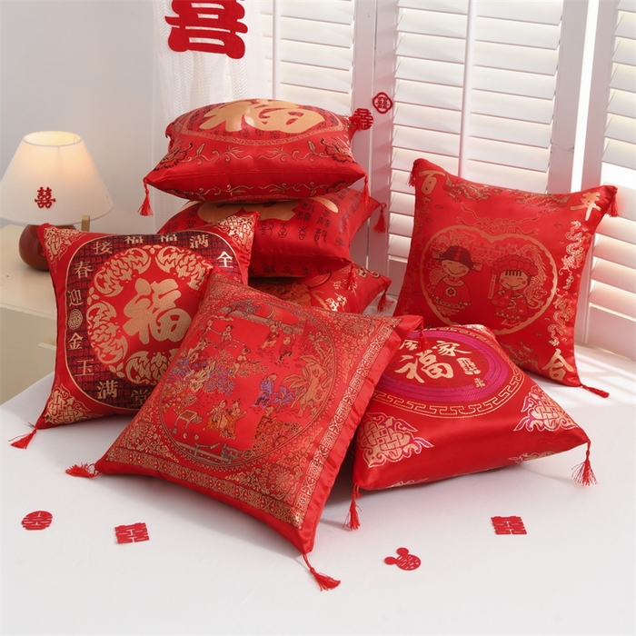91家纺网 家纺一手货源 找家纺 仁宇枕业 2026新款过年新年大红结婚婚庆喜庆靠枕腰靠抱枕 贡缎婚庆抱枕-财源滚滚