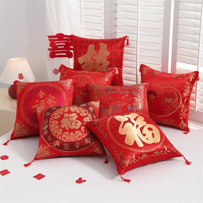 91家纺网 家纺一手货源 找家纺 仁宇枕业 2026新款过年新年大红结婚婚庆喜庆靠枕腰靠抱枕 贡缎婚庆抱枕-财源滚滚