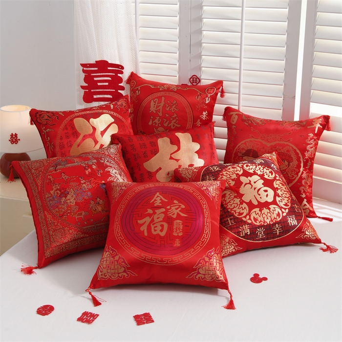 91家纺网 家纺一手货源 找家纺 仁宇枕业 2026新款过年新年大红结婚婚庆喜庆靠枕腰靠抱枕 贡缎婚庆抱枕-百子图