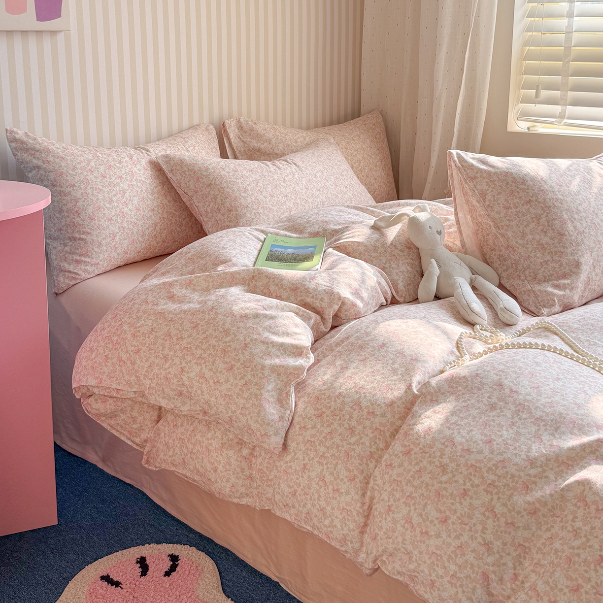 91家纺网 家纺一手货源 找家纺 麦伦家居 2026年春夏新款全棉纯棉有氧双层纱印花四件套-第二波 花香粉