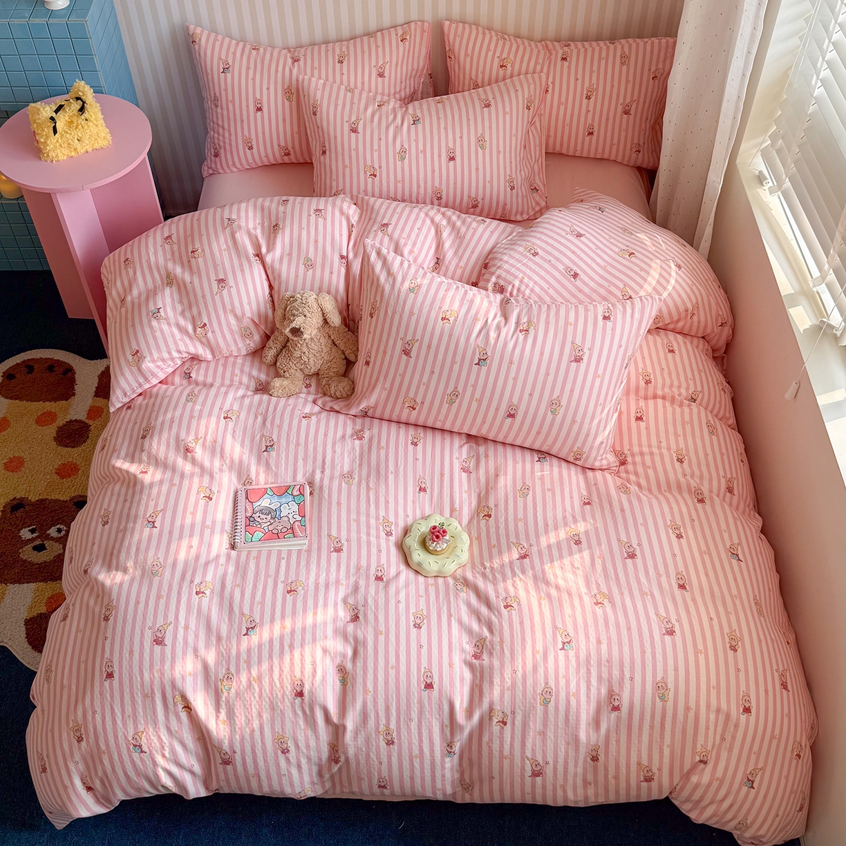 91家纺网 家纺一手货源 找家纺 麦伦家居 2026年春夏新款全棉纯棉有氧双层纱印花四件套-第二波 萌星粉