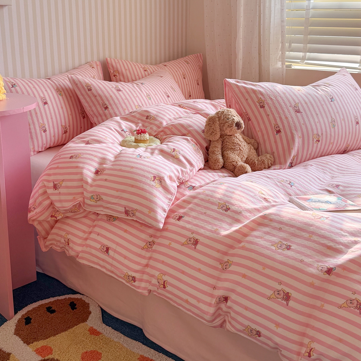 91家纺网 家纺一手货源 找家纺 麦伦家居 2026年春夏新款全棉纯棉有氧双层纱印花四件套-第二波 萌星粉