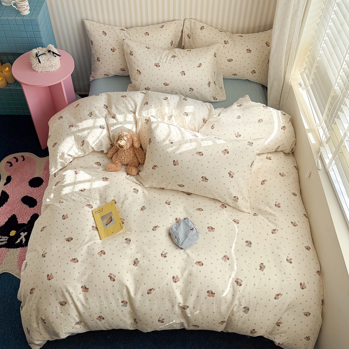 91家纺网 家纺一手货源 找家纺 麦伦家居 2026年春夏新款全棉纯棉有氧双层纱印花四件套-第二波 甜梦汪汪