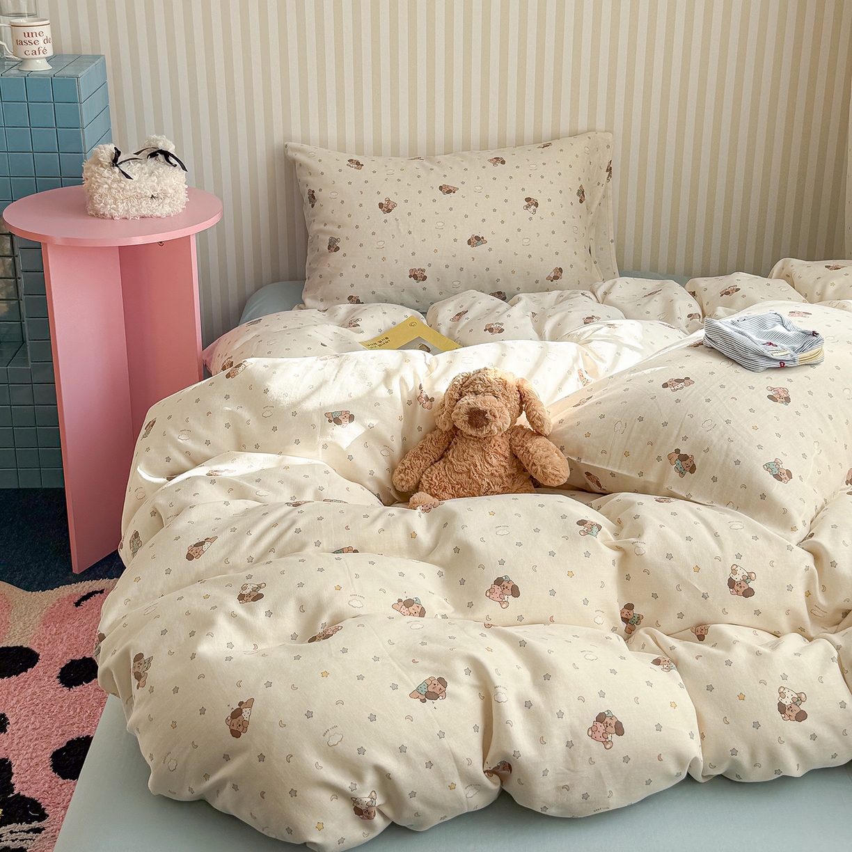 91家纺网 家纺一手货源 找家纺 麦伦家居 2026年春夏新款全棉纯棉有氧双层纱印花四件套-第二波 甜梦汪汪