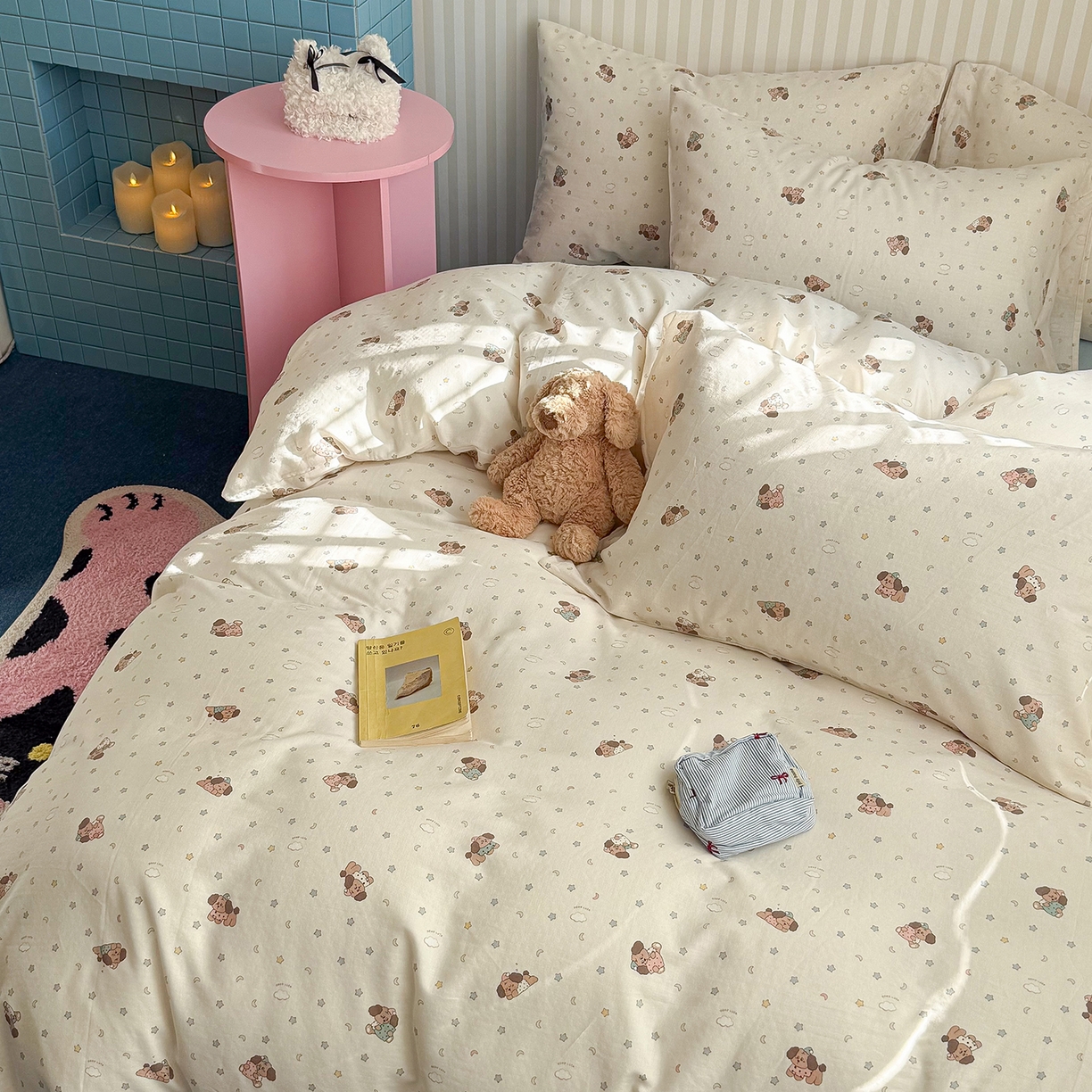 91家纺网 家纺一手货源 找家纺 麦伦家居 2026年春夏新款全棉纯棉有氧双层纱印花四件套-第二波 甜梦汪汪