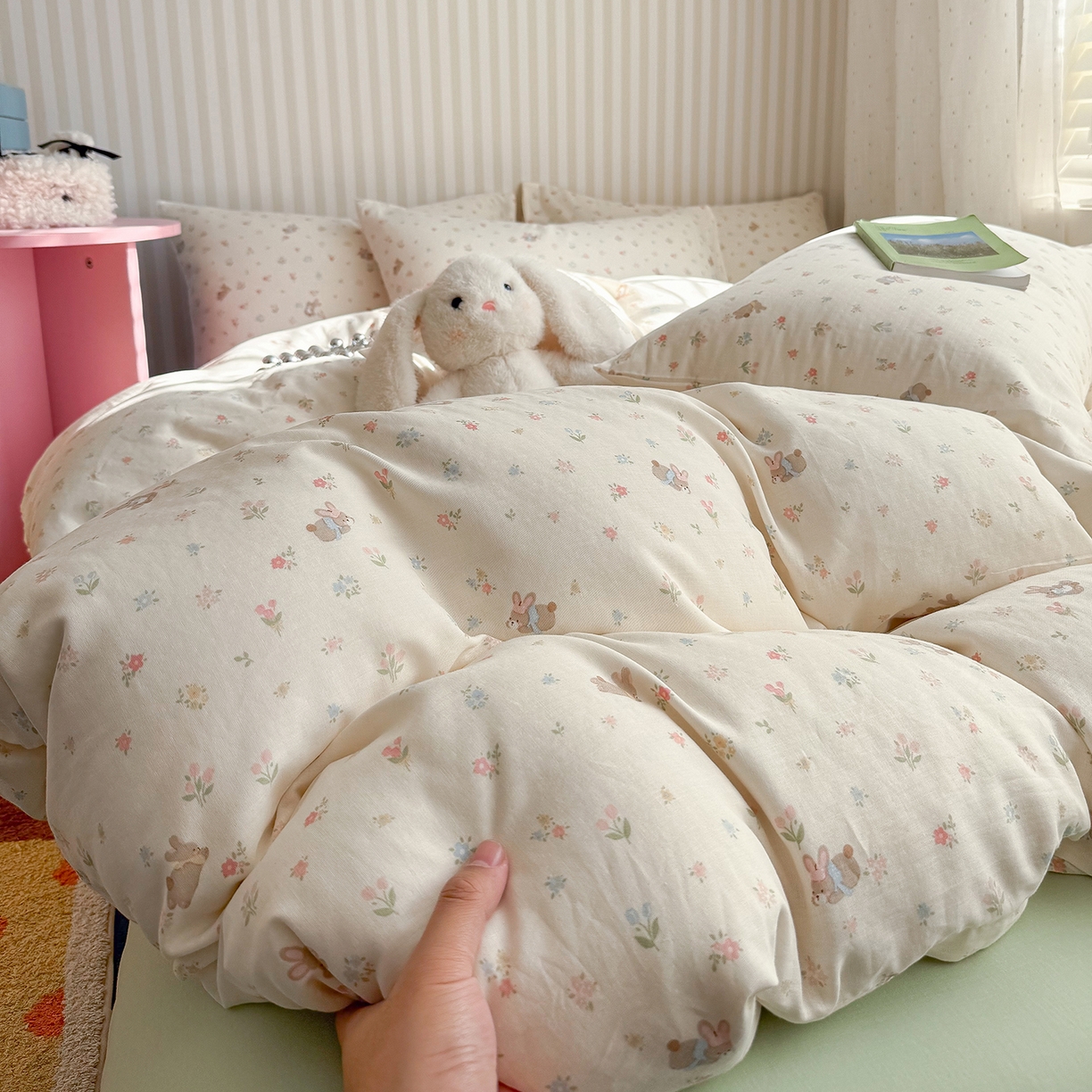 麦伦家居 2026年春夏新款全棉纯棉有氧双层纱印花四件套-第二波 兔兔茉莉