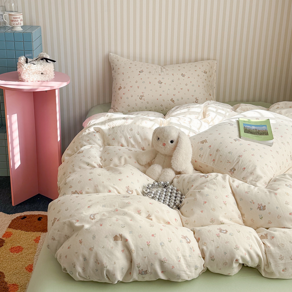 91家纺网 家纺一手货源 找家纺 麦伦家居 2026年春夏新款全棉纯棉有氧双层纱印花四件套-第二波 兔兔茉莉