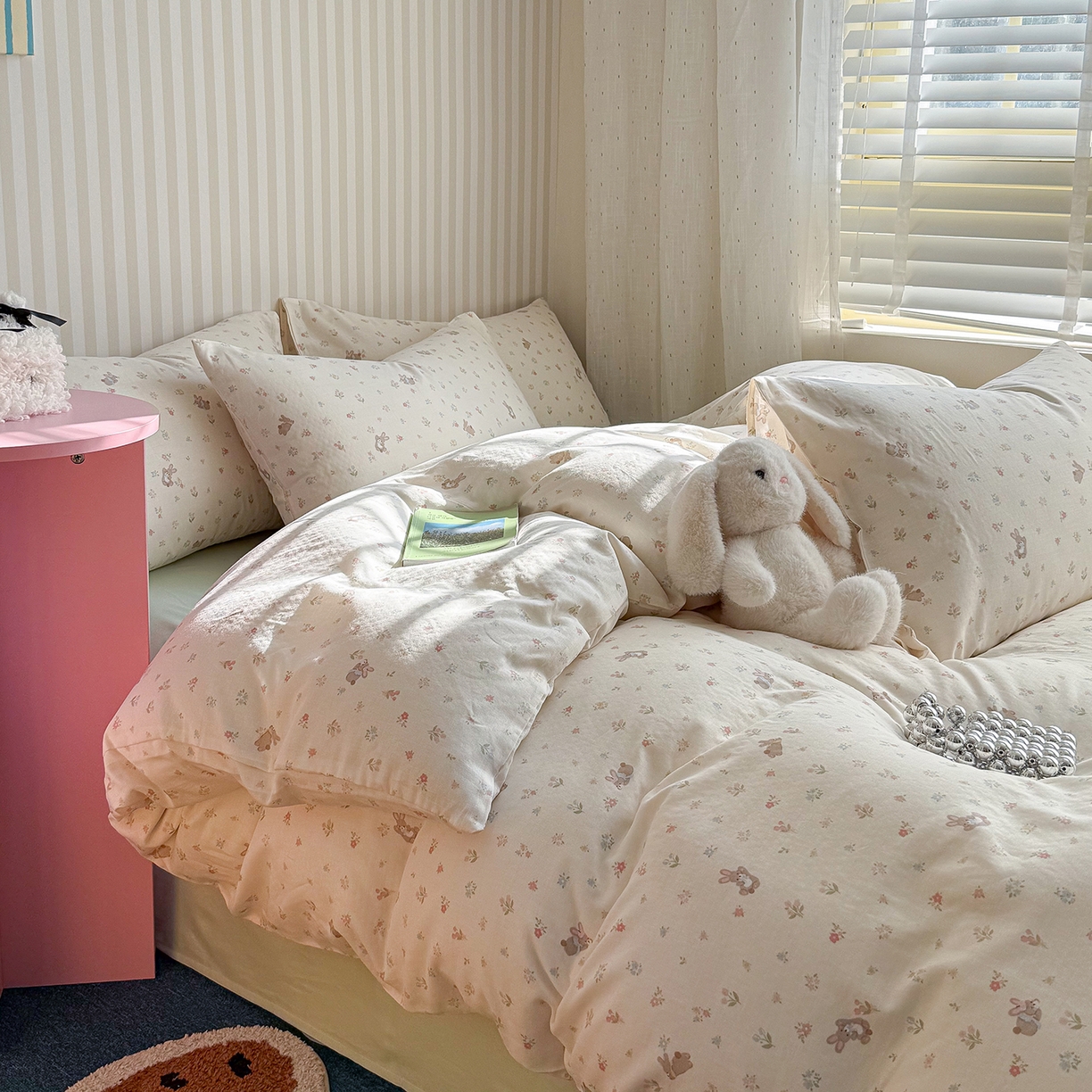 91家纺网 家纺一手货源 找家纺 麦伦家居 2026年春夏新款全棉纯棉有氧双层纱印花四件套-第二波 兔兔茉莉