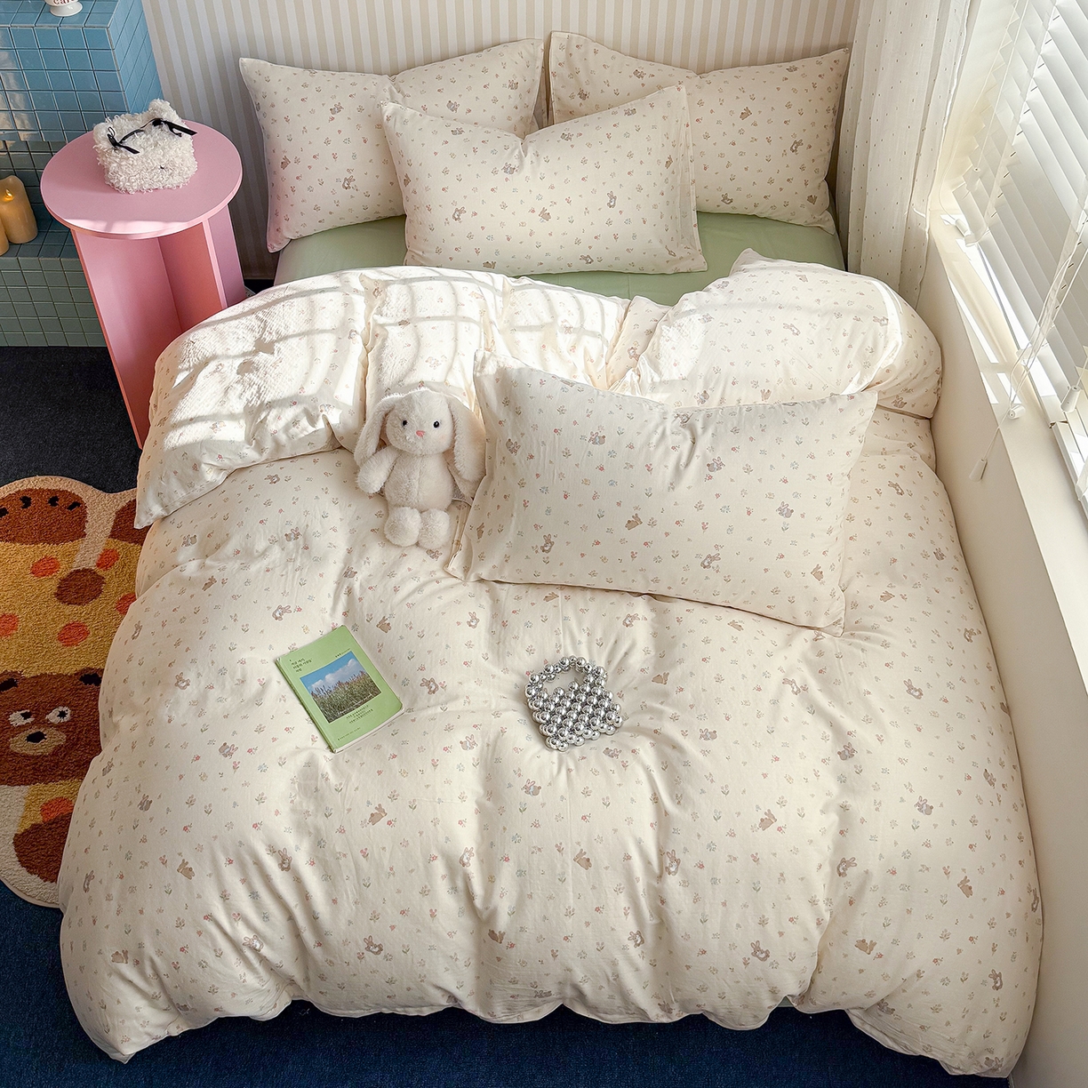 91家纺网 家纺一手货源 找家纺 麦伦家居 2026年春夏新款全棉纯棉有氧双层纱印花四件套-第二波 兔兔茉莉