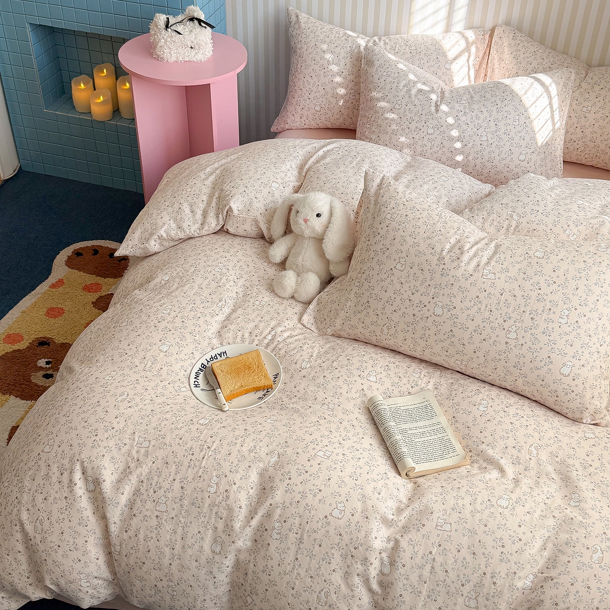 91家纺网 家纺一手货源 找家纺 麦伦家居 2026年春夏新款全棉纯棉有氧双层纱印花四件套-第二波 云锦兔-粉