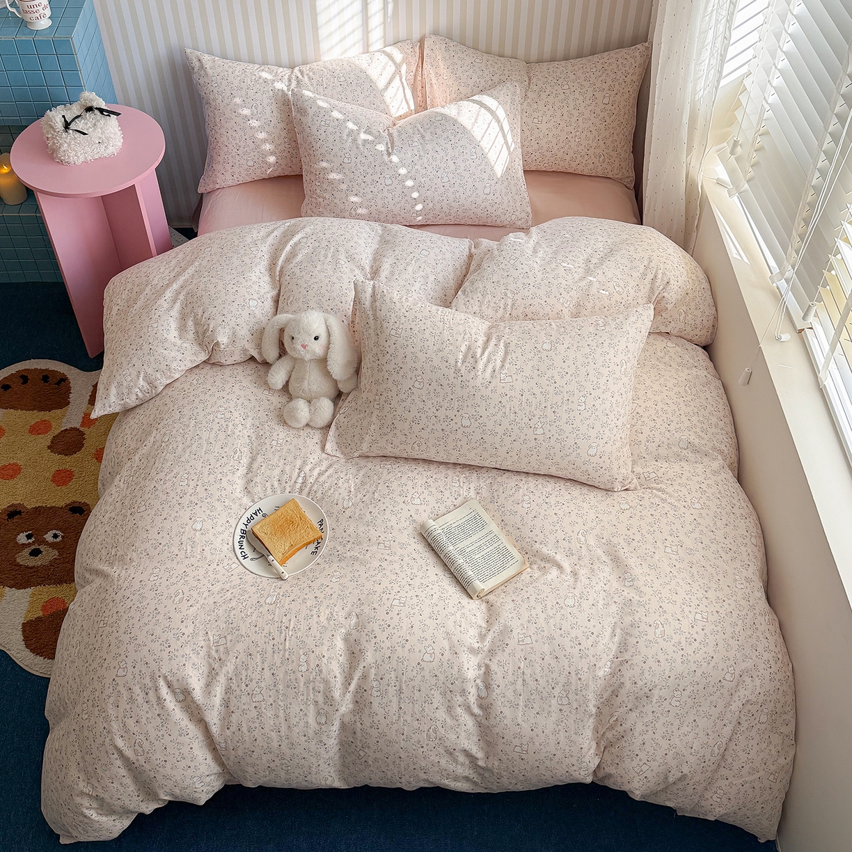 91家纺网 家纺一手货源 找家纺 麦伦家居 2026年春夏新款全棉纯棉有氧双层纱印花四件套-第二波 云锦兔-粉